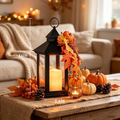 Fall Lanterns Decorative Indoor & Outdoor 14-Inch Black Set with Flameless Candles - 2 Pack