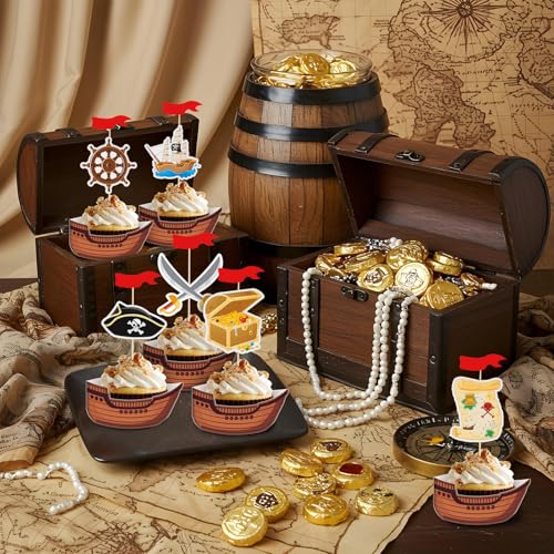 Pirate Cupcake Toppers Set - 108 pcs Nautical Cake Decorations for Kids Birthday & Halloween