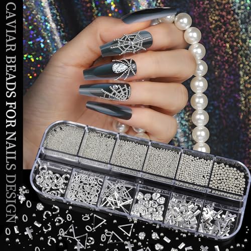 Teenitor Silver Nail Charms & Gems Kit - 4 Boxes Nail Art Accessories
