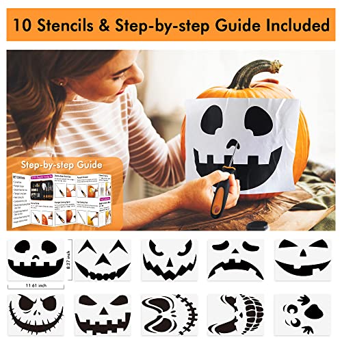 Halloween Pumpkin Carving Kit with Stainless Steel Tools & Stencils - Safe & Reusable