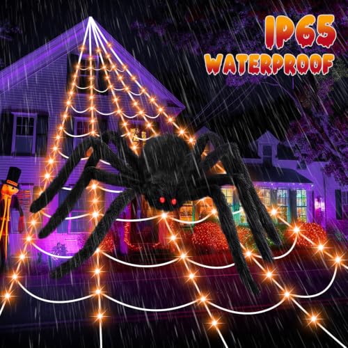 Orange Halloween Spider Web with 250 LED Lights & 59-Inch Giant Spider