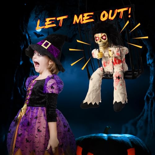 Animated Halloween Skeleton Ghost Hanging Prop with Motion Sensor and Sound - Lights Up Eyes for Indoor Outdoor Decor