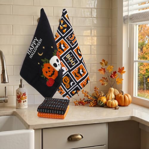 Halloween Kitchen Towel Set with Skull & Bat Designs - 4-Piece