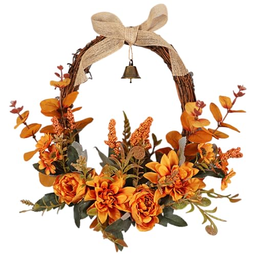 Artificial Fall Wreath with Orange Flowers, Bell & Bow for Front Door - Autumn Decor, Variation: Orange
