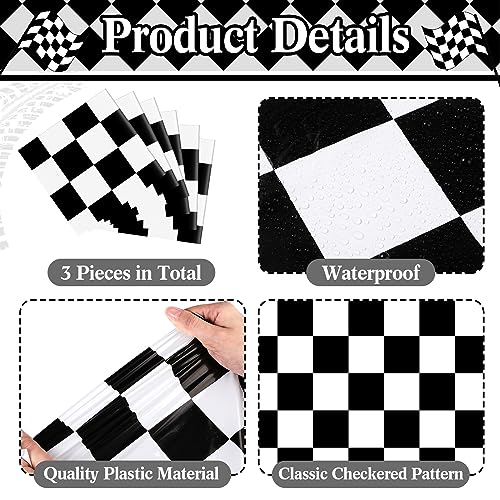 Preboun 3 Pcs Black White Checkered Plastic Table Runner - 14 x 108 Inches - Racing Theme Party Supplies