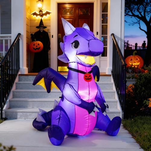 5 Ft Halloween Inflatable Purple Dragon with LED Lights for Yard & Garden Decor
