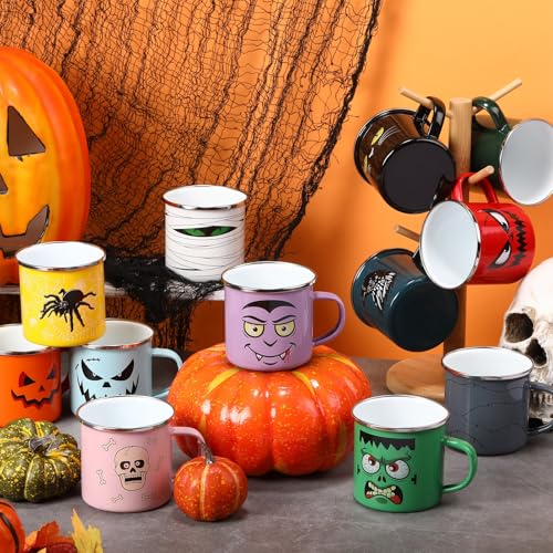 Halloween Coffee Mugs Set - 12 oz Enamel Drinkware with Cute Spooky Designs - 12 Pack