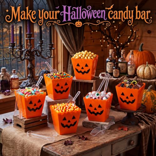 Halloween Candy Bar Containers with Tongs & Scoops - Spooky Pumpkin Variation