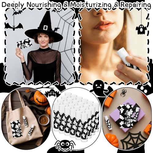 Halloween Ghost Lip Balm Set - Black, Moisturizing Lip Care, 24 Pcs