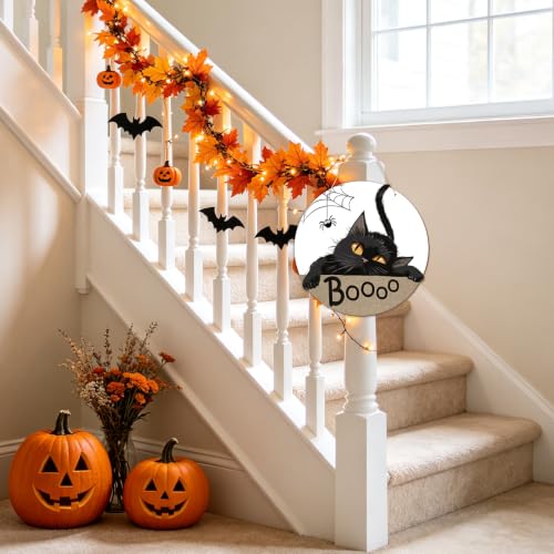 Halloween Black Cat Door Sign Decorations - Spooky Welcome Wreath for Front Door & Wall