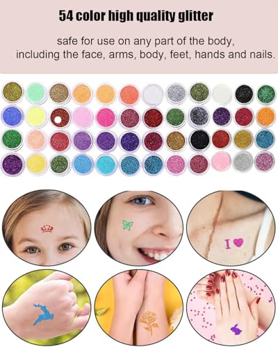 Kids Glitter Tattoo Kit with 48 Colors, Stencils, Diamonds & Glue
