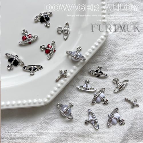 30 Pcs Heart & Planet Nail Charms Set - Rhinestones, 3D Cross & Saturn Design