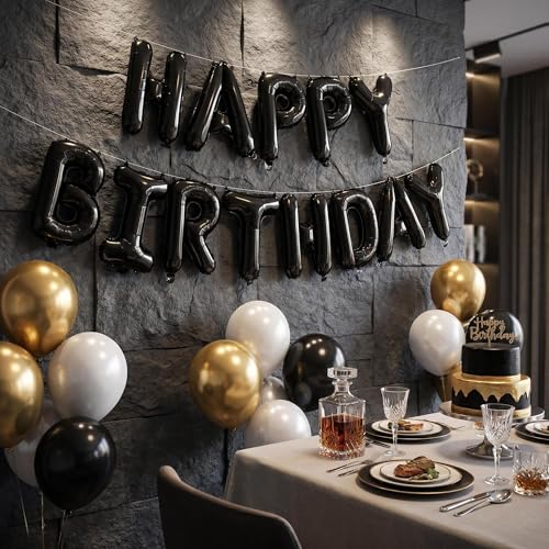 Black 16in Happy Birthday Balloons Banner for Party Decorations