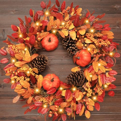 26 Inch Fall Wreath with Lights & Timer for Front Door - Autumn Pumpkin, Eucalyptus, Pinecones