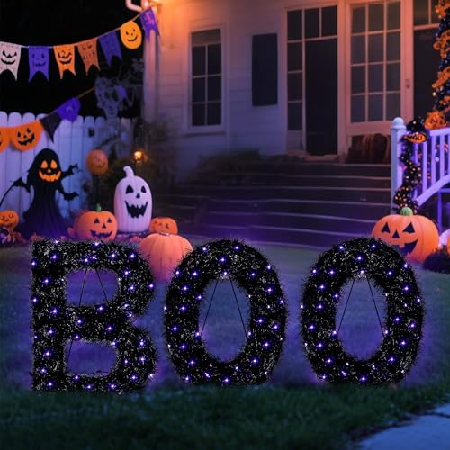 Outdoor Halloween Boo Sign Set with Purple LED Lights - Black & Purple, 3 Pieces