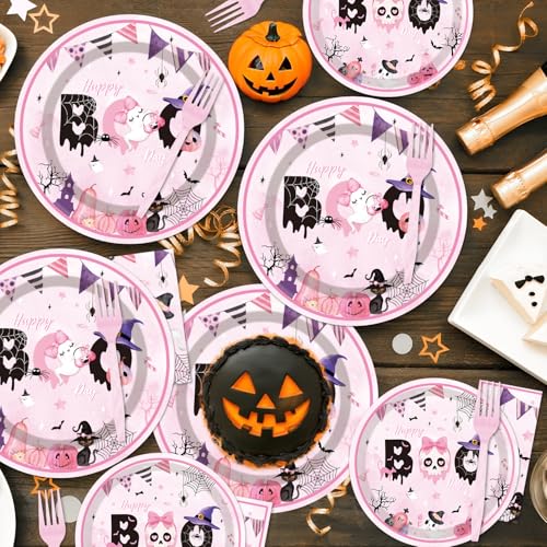 Happy Boo Day Halloween Party Disposable Tableware Set for 24 Guests - Pink Ghost & Pumpkin Design