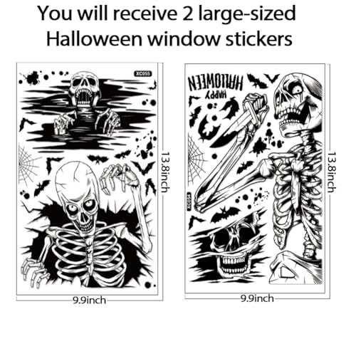 Halloween Window Clings Decorations Skeleton & Bat Stickers - White, 4 Sheets