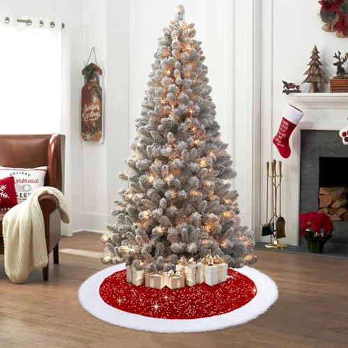 Sequin Christmas Tree Skirt 48 Inch with Faux Fur Edge - Red Holiday Decor