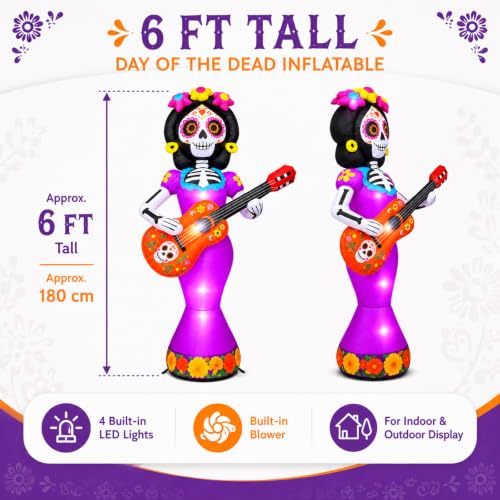 Halloween Inflatable Sugar Skull with Guitar - 6 FT Day of the Dead Decor with LED Lights, Yard & Lawn Decorations - Variation: Guitar Sugar Skull