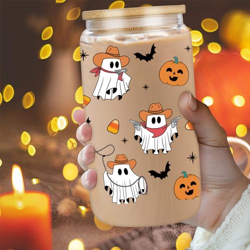 Halloween Cowboy Ghost Glass Mug – 16 oz Spooky Coffee Cup with Lid & Straw