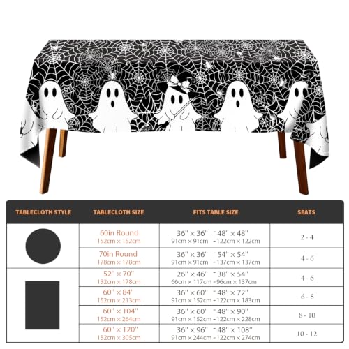 Black Halloween Tablecloth 60x120 Inch Spooky Ghost Spider Web Durable & Washable