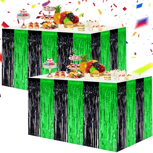 Black Green Metallic Foil Fringe Table Skirts 2 Pack Party Decorations for Graduation Baby Shower Halloween