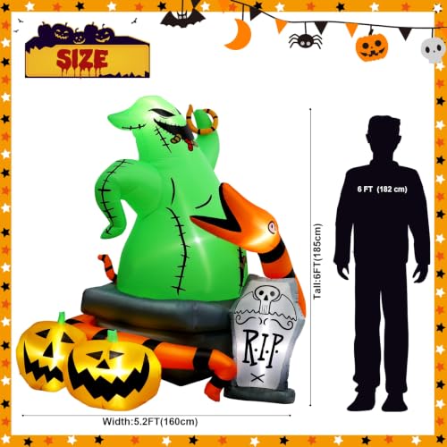 6Ft Halloween Inflatable Outdoor Decoration with Green Monster, Pumpkins, Tombstone & LED Lights