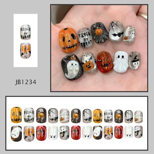 Halloween Press On Nails Short Square Black Ghost Pumpkin Design 24Pcs with Nail File