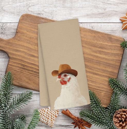 Cowboy Chicken Kitchen Towel - Western Chicken Decor Hand Towel for Kitchen & Bathroom - 16x24 Inches - Rustic Farmhouse Style