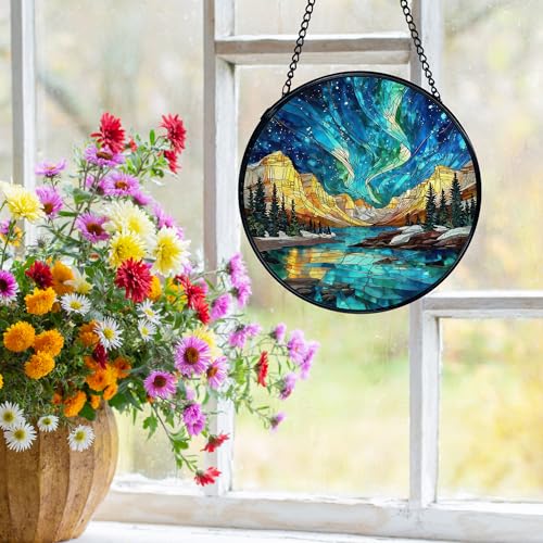 Aurora Borealis Sun Catcher - Stained Glass Window Hanging, 7.9in with Chain - Aurora Variation
