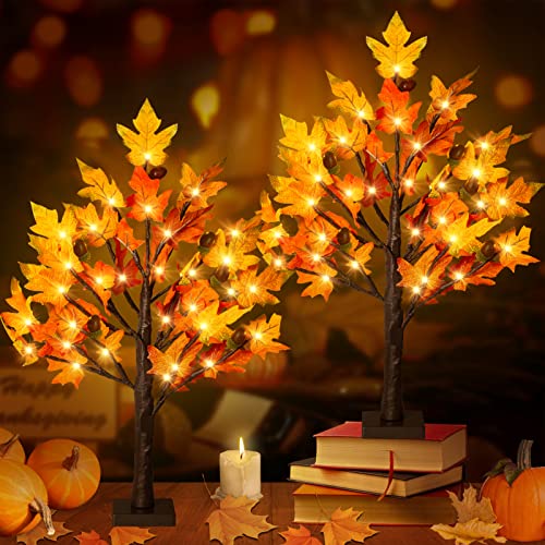 2-Pack 2FT Lighted Maple Tree Decor - Fall LED Thanksgiving Tabletop Lamp with 6 Acorns & Timer