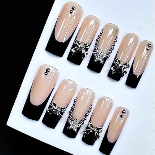 Long Square French Tip Press On Nails with 3D Bow Charms & Rhinestones - Nude Pink, Glossy Silver Star - 24 Pieces