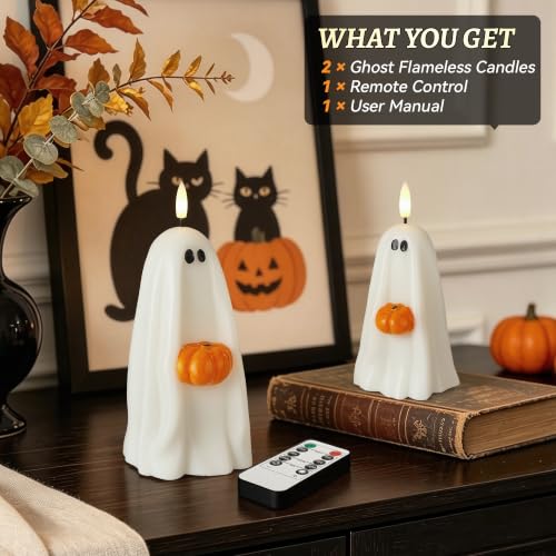 Halloween Ghost Flameless Candles with Remote Control - Real Wax, Timer, Safe Decor