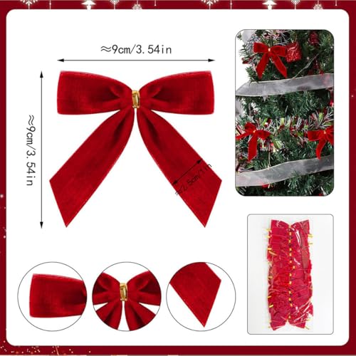 Red Velvet Christmas Tree Ornaments - Pre-Tied Bow Set for Holiday Decorations
