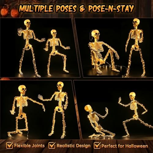 2 Pack 36-Inch Light Up Halloween Skeletons Full Body Posable Decor - Waterproof & Movable Joints