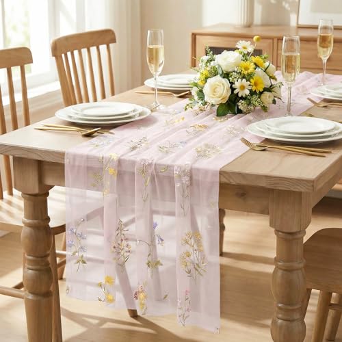 3-Piece Light Pink Floral Gauze Embroidery Table Runner Set - 28 x 120 Inches