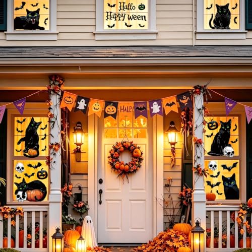 Halloween Window Clings - Black Cat Pumpkin Bat 6 Sheets Indoor Outdoor Decor - Variation: Black