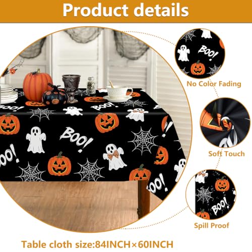 Halloween Tablecloth 60x84 Inch Rectangular - Black Ghosts & Pumpkins, Durable Polyester