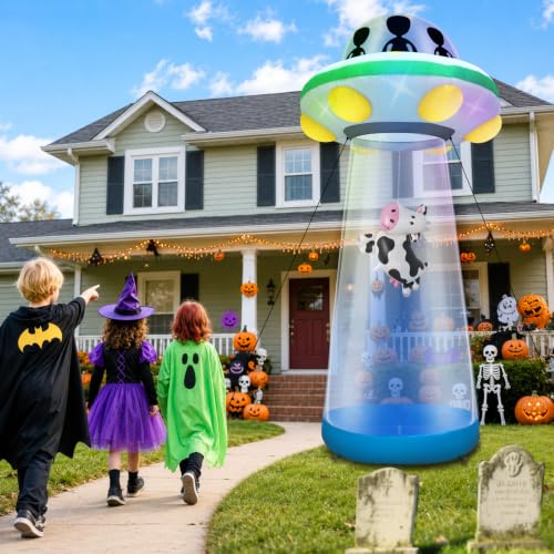 Tall Halloween Inflatable UFO Cow Abduction Decoration - 10 Ft with RGB Lights
