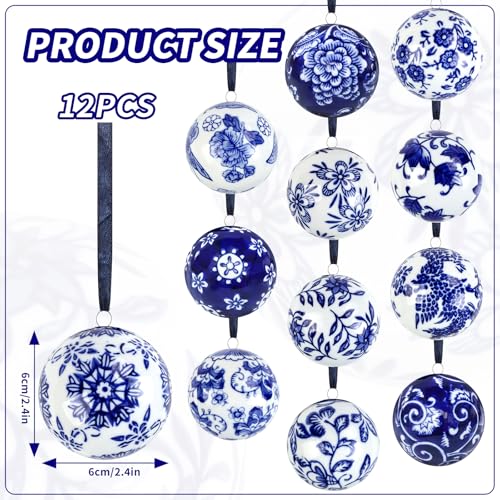 Blue Ceramic Christmas Ornament Balls - 12 Pcs Chinese Style Hanging Decor - Circular Variation