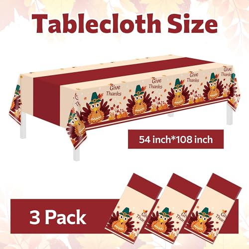 Thanksgiving Disposable Plastic Tablecloths 3 Pack - 54x108 Inches for Rectangular Tables - Fall Holiday Decor