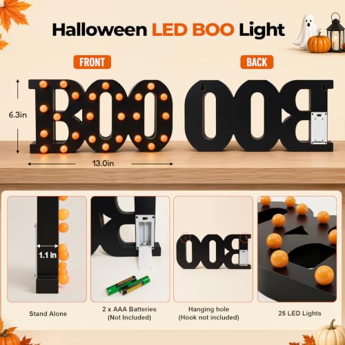 Indoor Halloween Wooden Boo Sign - 13 Inch Light Up Letters Decor
