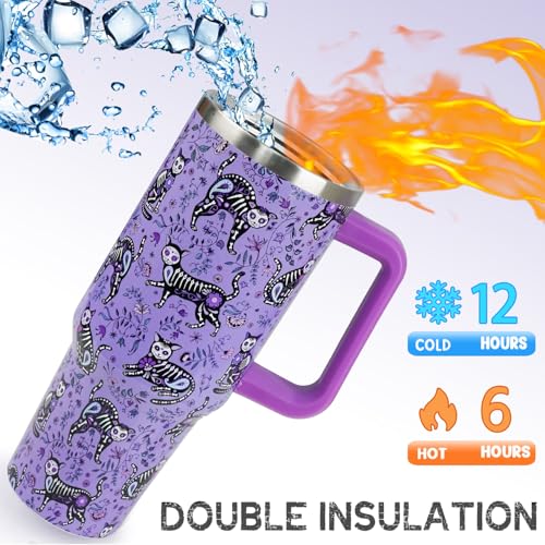 Purple Skull Cat Tumbler 40oz Insulated Travel Mug with Handle & Straw Gothic Gift