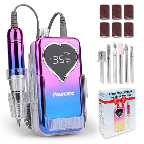 Rechargeable Nail Drill 35000RPM Electric Nail File for Acrylic & Gel Long Lasting Battery 6pcs Polishing Tools and Sanding Bands Kit Portable for Home Salon and Travel - Sunset Blue