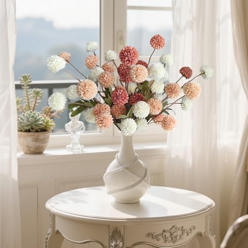 Artificial Mum Flowers with Long Stems - Pink Mixed 10 Pcs Faux Floral Arrangement for Home Decor