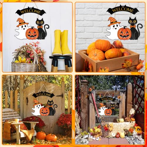 Halloween Door Hanging Sign Ghost Black Cat Pumpkin Welcome - White & Black