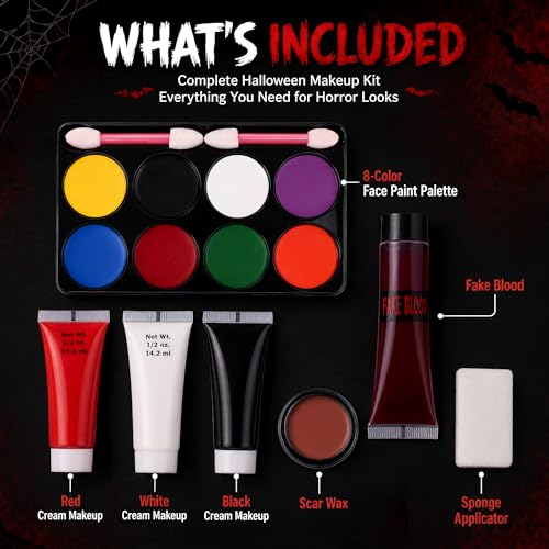 8-Color Halloween Face & Body Paint Kit with Fake Blood & Imitation Skin