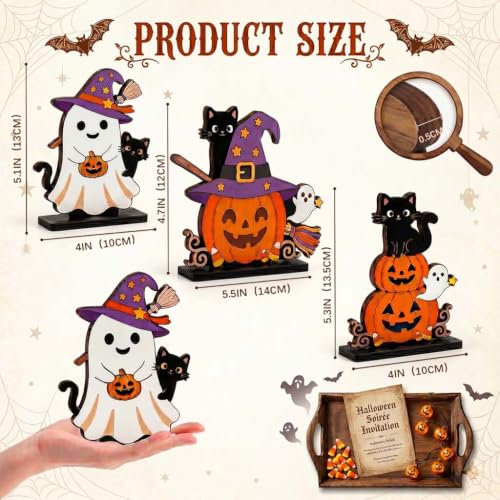 Halloween Wooden Tabletop Signs Set - Ghost Pumpkin Black Cat Spooky Cute Desk Decor