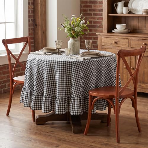 Black Gingham Ruffled Tablecloth 70 Inch Round Washed Cotton - SquarePie