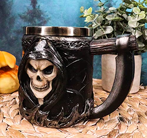Grim Reaper Coffee Mug with Scythe Handle, 14oz Skeleton Skull Beer Stein